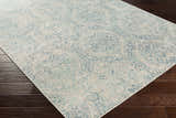 Close-up of the Halbur Area Rug showing its aqua, beige, and blue distressed medallion pattern on dark wood flooring. Corner