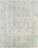 Close-up of the Halbur Area Rug. Aqua and blue ornate pattern on beige and light gray background. Design-Rectangle-71010