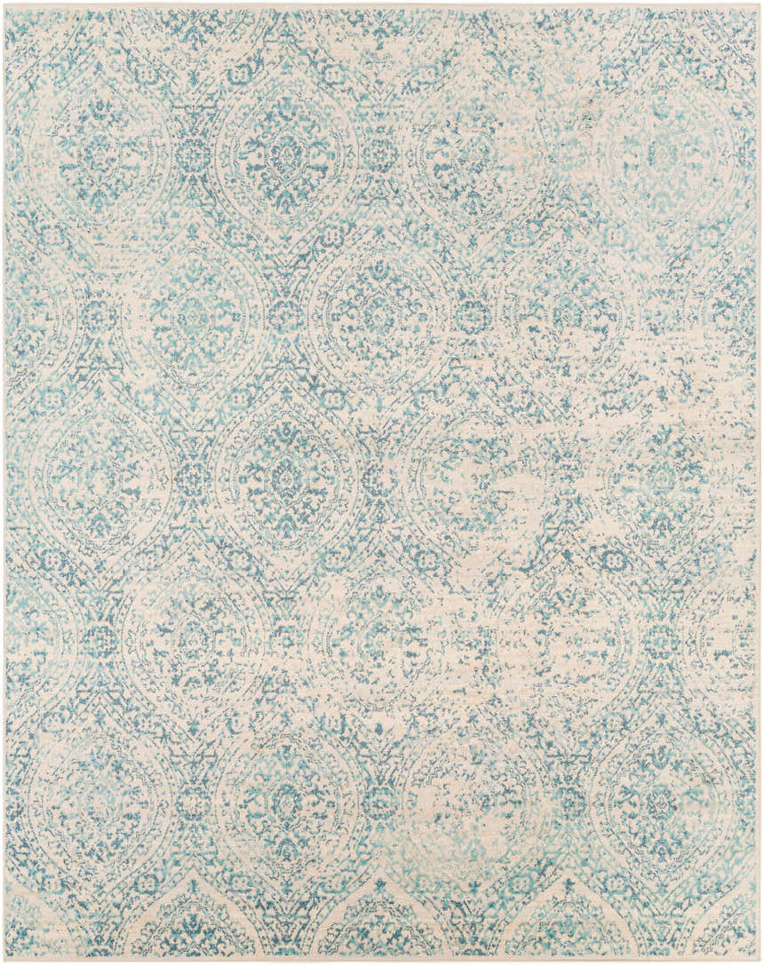 Close-up of the Halbur Area Rug. Aqua and blue ornate pattern on beige and light gray background. Design-Rectangle-71010