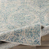 Close-up of the Halbur Area Rug. Aqua, beige, and blue floral pattern on light gray background. Soft texture. Fold