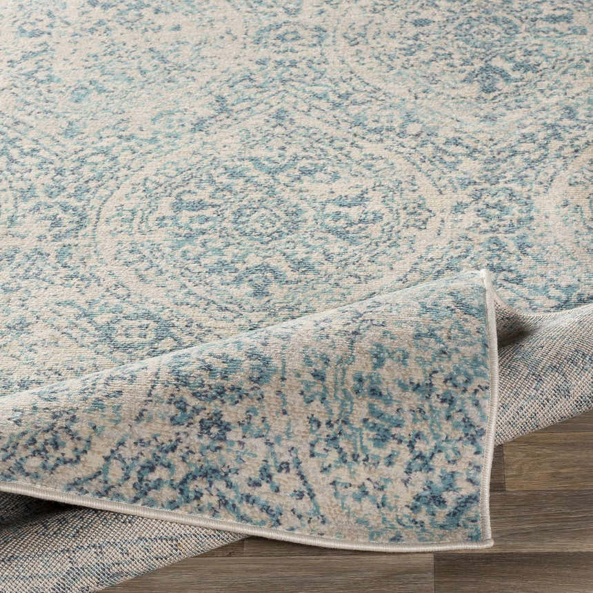 Close-up of the Halbur Area Rug. Aqua, beige, and blue floral pattern on light gray background. Soft texture. Fold