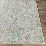 Close-up of the Halbur Area Rug, a clearance item with aqua, beige, and blue medallion pattern on a light gray background. Front
