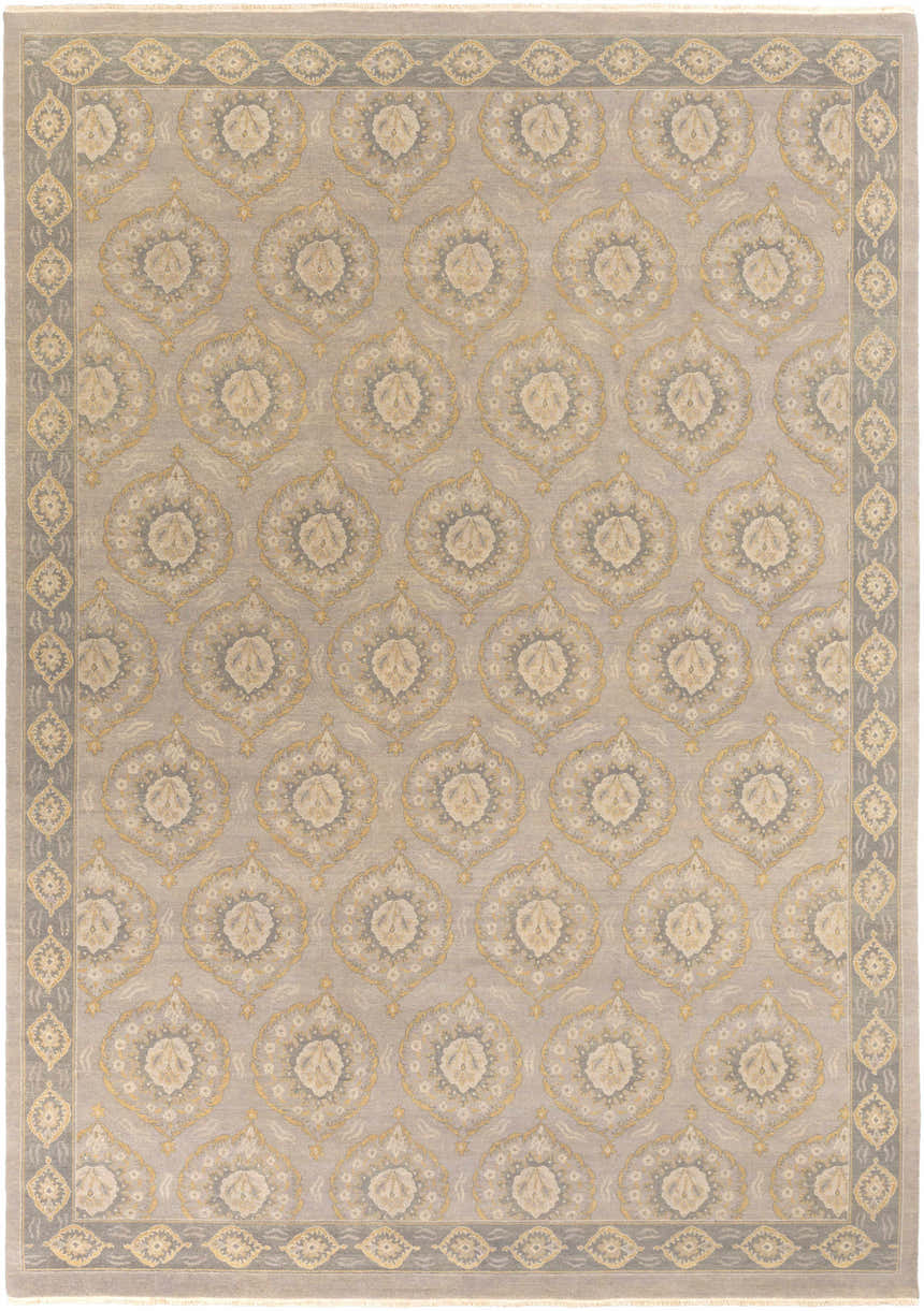 Hand knotted Haleiwa Clearance Rug in camel, dark green, and taupe. Farmhouse style wool rug with traditional floral pattern. Design-Rectangle-1014