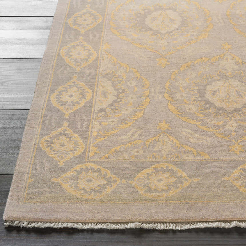 Close-up of the Haleiwa Clearance Rug. Camel and taupe traditional rug with a hand-knotted wool texture on a gray wood floor. Front