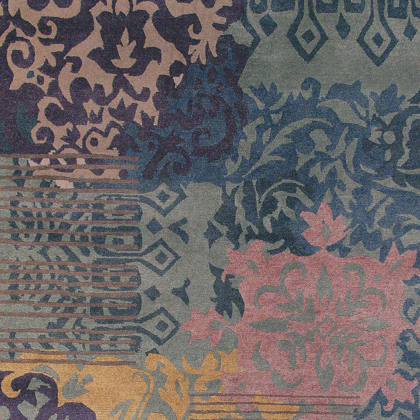 Close-up of the Hallsboro Area Rug, a hand-knotted wool rug with charcoal, brown, gray, and silverstone contemporary patterns. Swatch