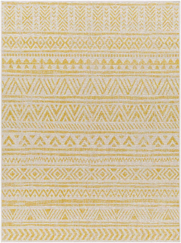 Close-up of the Haluk Area Rug. Beige rug with a brass geometric pattern. Farmhouse style. Design-Rectangle-5377