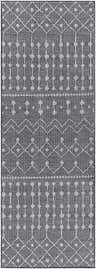 Close-up of the Hamel Flatweave Area Carpet. Black and medium gray rug with a geometric diamond and dot pattern. Design-Runner-2773