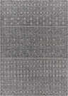 Close-up of the Hamel Flatweave Area Carpet. Black and medium gray geometric diamond and dot pattern. Machine woven texture. Design-Rectangle-537