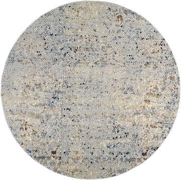 Close-up of round Hamler Honeycomb Mosaic Rug. Teal, ivory, orange, and sage colors with a textured honeycomb pattern. Design-Round-710
