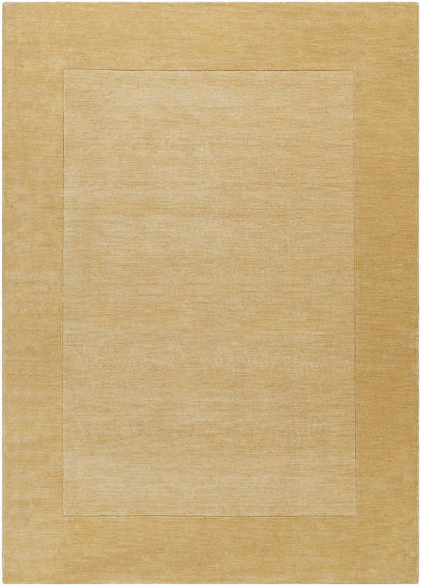 Close-up of a hand-loomed Bordered Solid Camel Yellow Wool Rug featuring a simple, contemporary design. Design-Rectangle-811