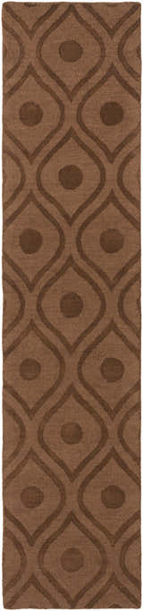 Close-up of the Hamptonville Area Rug. Dark brown wool rug with a contemporary geometric pattern of circles and curved lines. Design-Runner-310