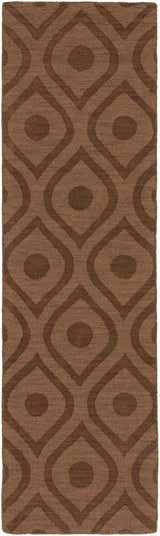 Close-up of the Hamptonville Area Rug in dark brown wool with a contemporary geometric teardrop and circle pattern. Design-Runner-38