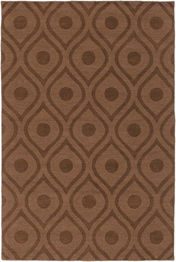 Dark brown Hamptonville Area Rug with a contemporary teardrop and dot pattern. Hand-loomed wool rug texture. Design-Rectangle-576