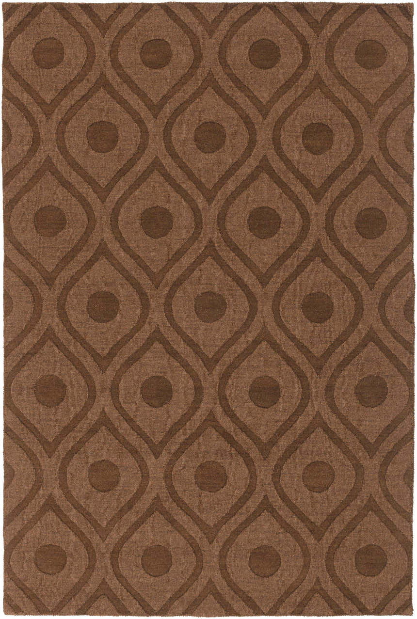 Dark brown Hamptonville Area Rug with a contemporary teardrop and dot pattern. Hand-loomed wool rug texture. Design-Rectangle-576