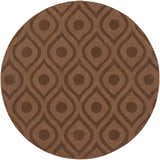 Close-up of the round, dark brown Hamptonville Area Rug. Features a contemporary teardrop and circle pattern. 100% Wool. Design-Round-6