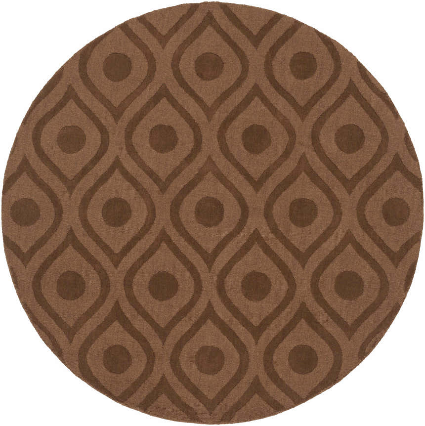 Close-up of the round, dark brown Hamptonville Area Rug. Features a contemporary teardrop and circle pattern. 100% Wool. Design-Round-6