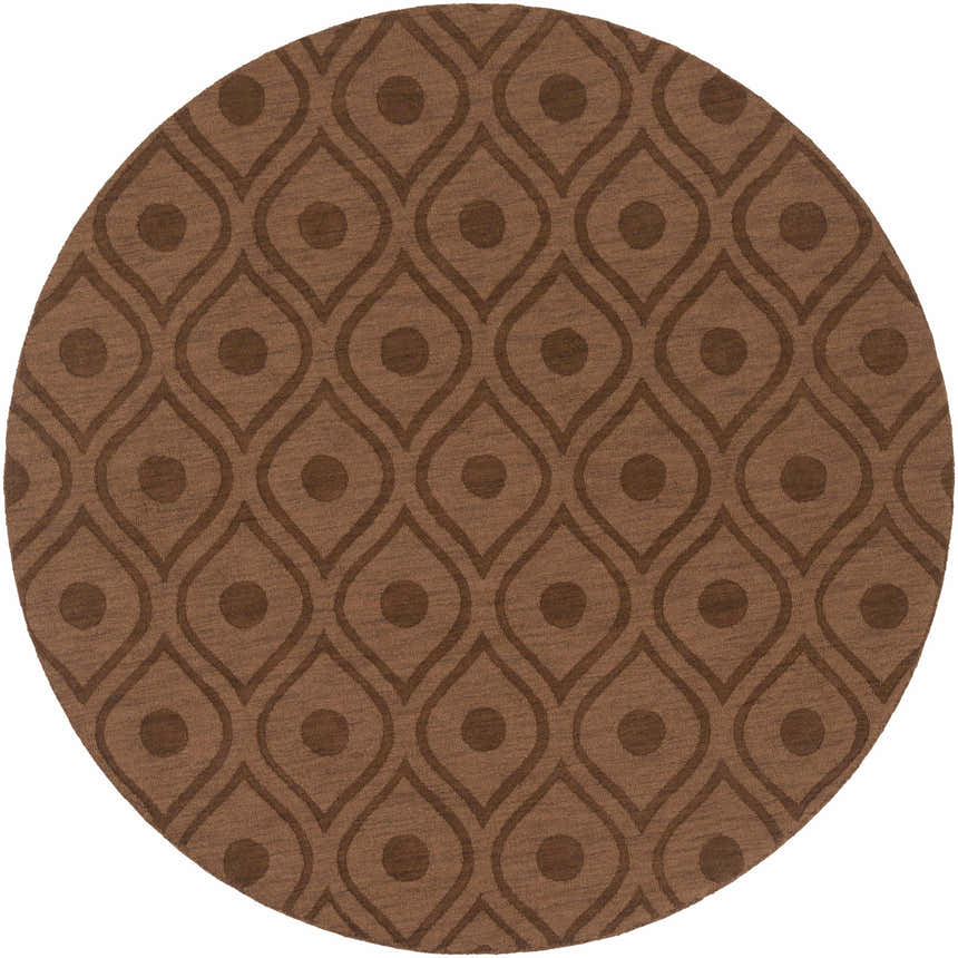 Round Hamptonville Area Rug in dark brown wool with a contemporary ogee and dot pattern. Design-Round-79