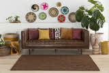 Living room scene with leather sofa, colorful pillows, and dark brown Hamptonville Area Rug. Roomscene-Rectangle