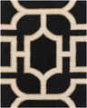 Close-up of the Hamtramck Hand Tufted Wool Area Rug. Black rug with ivory and light brown geometric pattern. Design-Rectangle-810