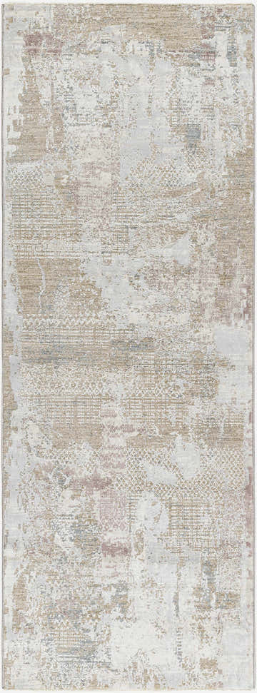 Close-up of the Hanae Thick Luxe Boutique Rug. Abstract design with beige, bone, gray, and brown tones. Soft texture. Design-Runner-2773