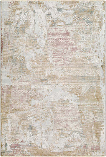 Close-up of the Hanae Thick Luxe Boutique Rug, showcasing its beige, bone, and gray abstract design and textured machine-woven construction. Design-Rectangle-7696