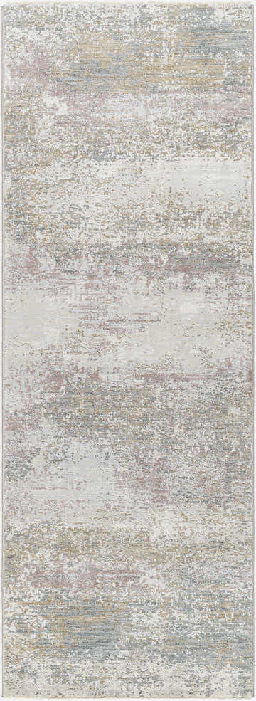 Close-up of the Hanne Thick Luxe Rug, a machine-woven rug with gray, brown, and blush tones. Design-Runner-2773