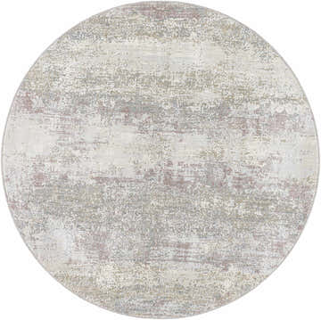 Close-up of a round Hanne Thick Luxe Rug with a distressed pattern in gray, brown, and nutmeg hues. Design-Round-53