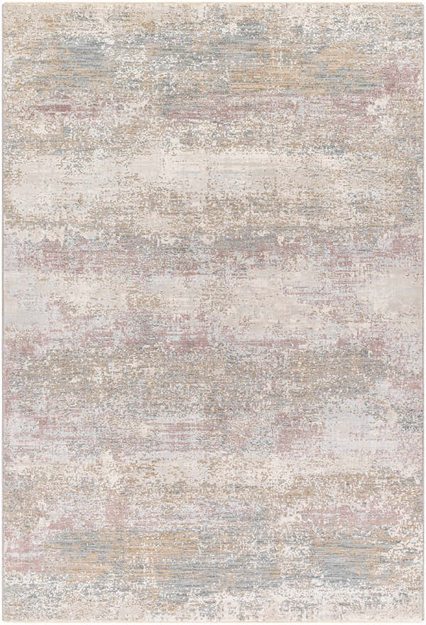 Close-up of the Hanne Thick Luxe Rug, featuring a distressed, horizontal pattern in gray, brown, and pink hues. Design-Rectangle-575