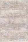 Close-up of the Hanne Thick Luxe Rug, featuring a distressed, horizontal pattern in gray, brown, and pink hues. Design-Rectangle-575