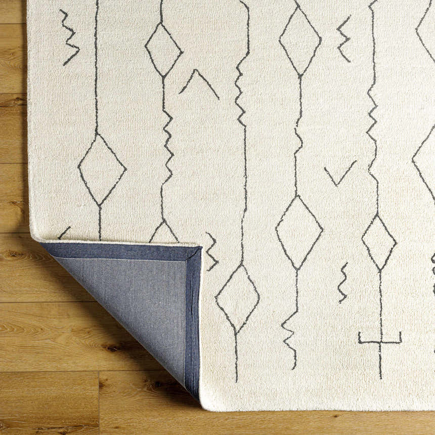 Close up of the Hanny Area Rug. Beige wool rug with a geometric diamond and line pattern. Hand tufted texture. Fold