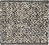 Close-up of the hand woven Hansell Area Rug. Features charcoal, ice blue, and ivory wool in a braided texture. Swatch