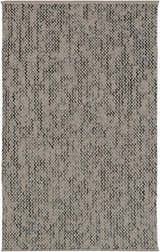 Close-up of the hand woven Hansell Area Rug. Features a charcoal, ice blue, and ivory geometric pattern. Design-Rectangle-576