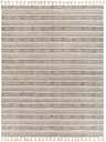 Close-up of the Hanslope Area Rug. Hand-loomed cotton rug with charcoal, cream, and beige stripes and tassel fringe. Design-Rectangle-810