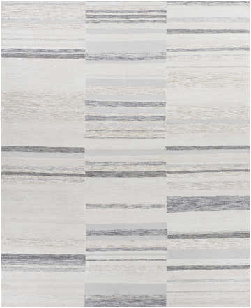 Close-up of the Hantsport Viscose Area Rug showing its hand-woven texture and contemporary beige, gray, and cream stripes. Design-Rectangle-810