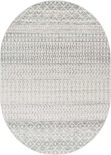 Close-up of an oval Constantin Gray Area Rug. Features a light gray and white bohemian-inspired pattern. Design-Oval-679