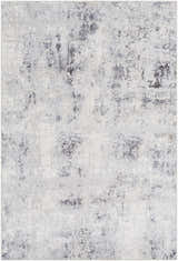Close-up of the Hardeeville Area Rug. Features a distressed abstract pattern in shades of gray and white. Design-Rectangle-5376