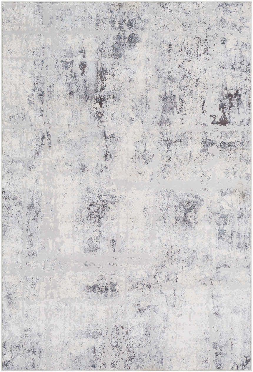 Close-up of the Hardeeville Area Rug. Features a distressed abstract pattern in shades of gray and white. Design-Rectangle-5376