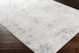 Close-up of the Hardeeville Area Rug, a light gray rug with a subtle, distressed pattern on dark wood flooring. Corner