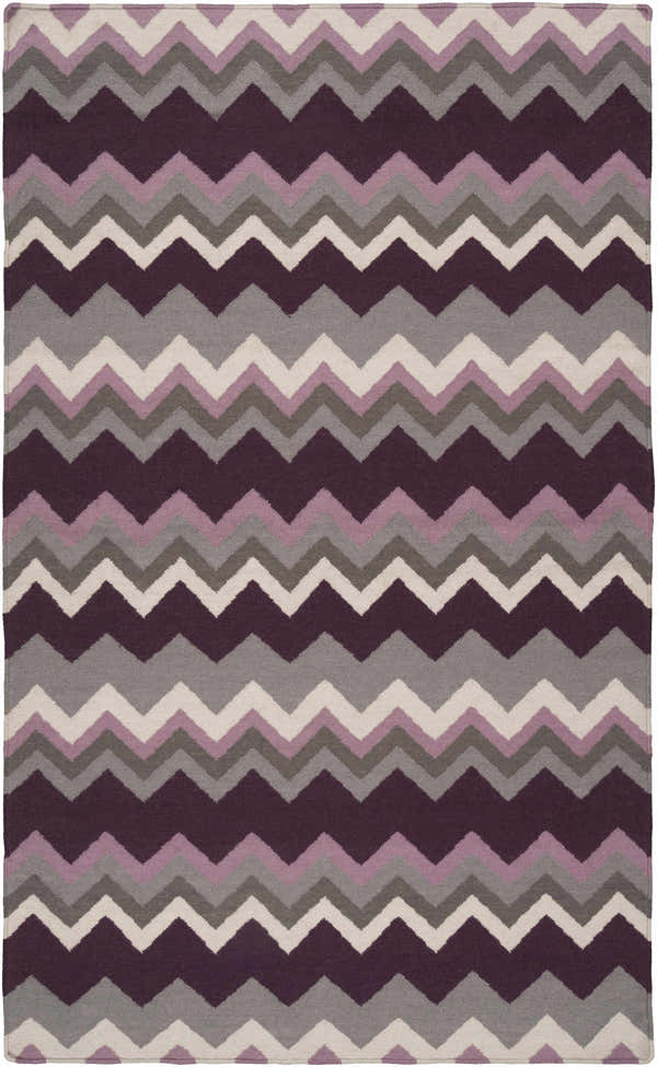 Close-up of a hand woven Hardwood Area Rug - Clearance, featuring a chevron pattern in plum, mauve, gray, ivory, and dark brown. Design-Rectangle-58