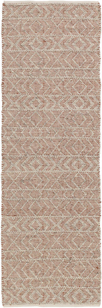 Close-up of the Harlingen Area Rug. Hand woven viscose rug in brick red and light gray diamond pattern. Design-Runner-268
