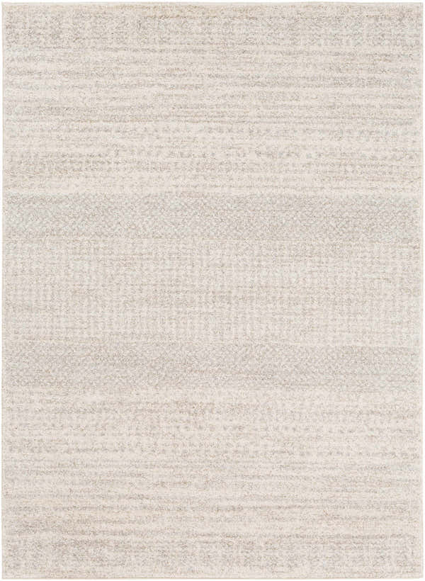 Close-up of the Harpursville Area Rug. Light gray, gray, and light brown horizontal stripes create a contemporary design. Design-Rectangle-576