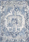 Close-up of the Hartshorne Area Rug. Rectangle rug with a vintage style in blue, charcoal, and ivory hues. Design-Rectangle-5373