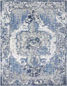 Close-up of the Hartshorne Area Rug featuring a traditional, vintage design in blue, charcoal, and ivory tones. Design-Rectangle-710103