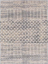 Close-up of Hassocks Area Rug: charcoal, cream, light gray, and tan geometric patterns. Bohemian style. Design-Rectangle-537