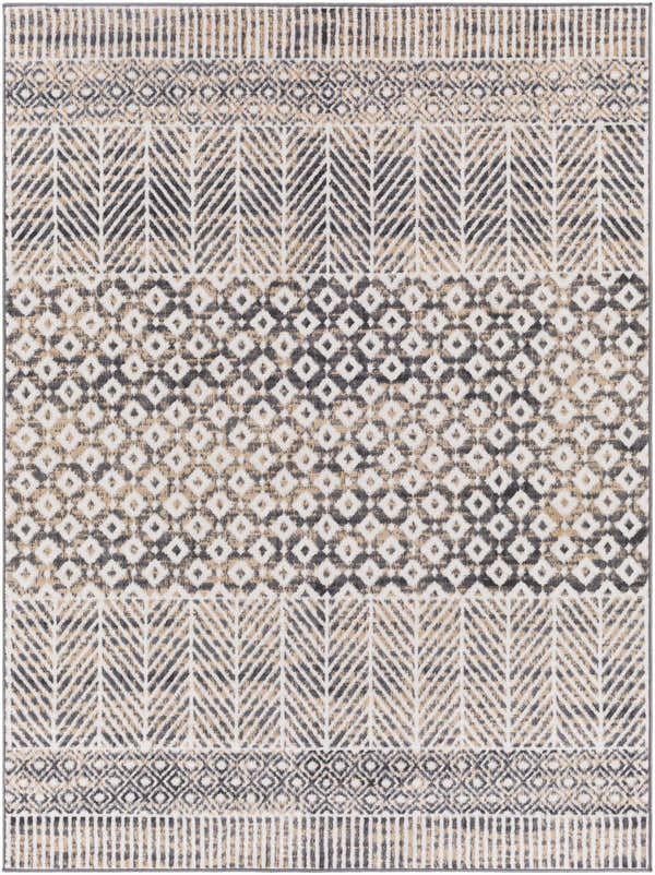 Close-up of Hassocks Area Rug: charcoal, cream, light gray, and tan geometric patterns. Bohemian style. Design-Rectangle-537