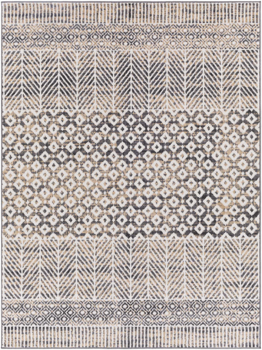 Close-up of Hassocks Area Rug: charcoal, cream, light gray, and tan geometric patterns. Bohemian style. Design-Rectangle-537