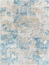 Close-up of the Hawes Faux Silk Rug. Abstract design in light blue, light gray, mustard, and off-white hues. Viscose texture. Design-Rectangle-710103