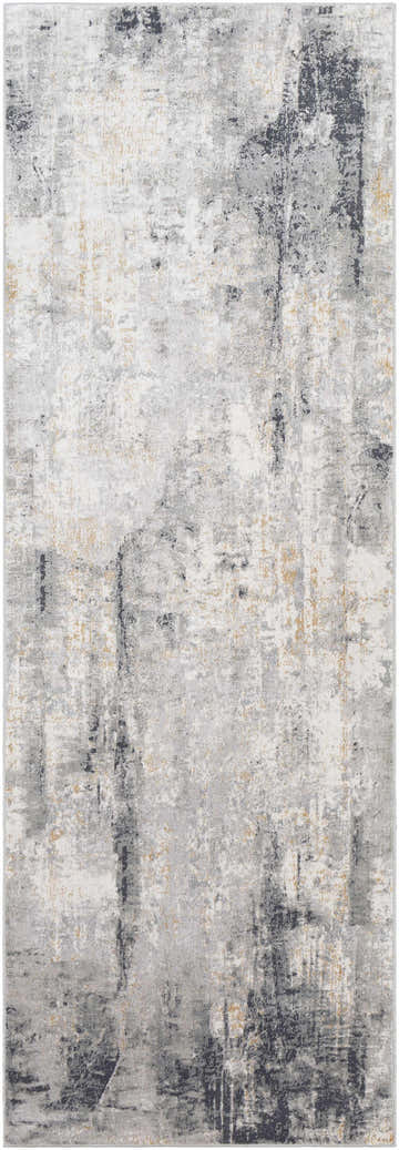 Close-up of the Hayle Area Rug. Contemporary design in charcoal, gray, off white, and mustard tones. Machine woven texture. Design-Runner-2777