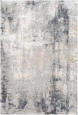 Close-up of the Hayle Area Rug. Contemporary design in charcoal, gray, off white, and mustard tones. Abstract pattern. Design-Rectangle-5373