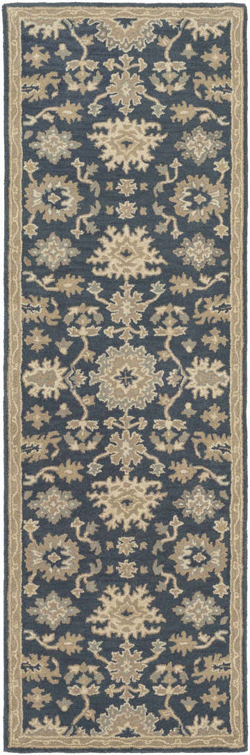 Close-up of the Caesar 1154 Navy Wool Rug, featuring a traditional floral pattern in beige and gray on a navy background. Design-Runner-268